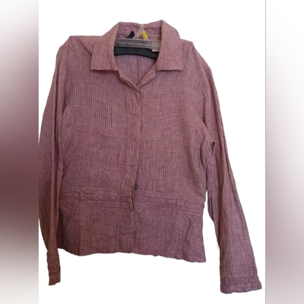 Richard Malcolm 100%linen Pink Pin Striped Long Sleeve  Blouse Career Wear Small